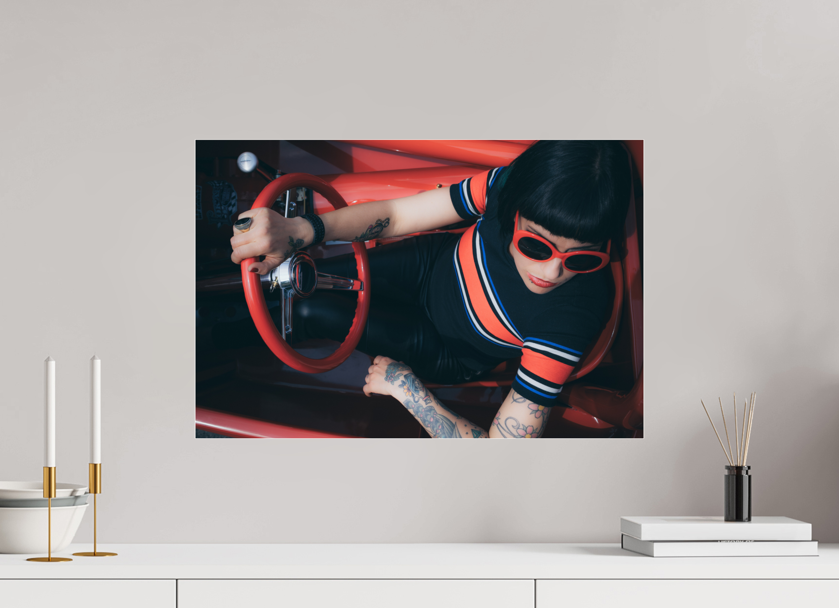 60 x 40 cm, Photo Print Under Acrylic Glass Hot Rod Roadster Girl