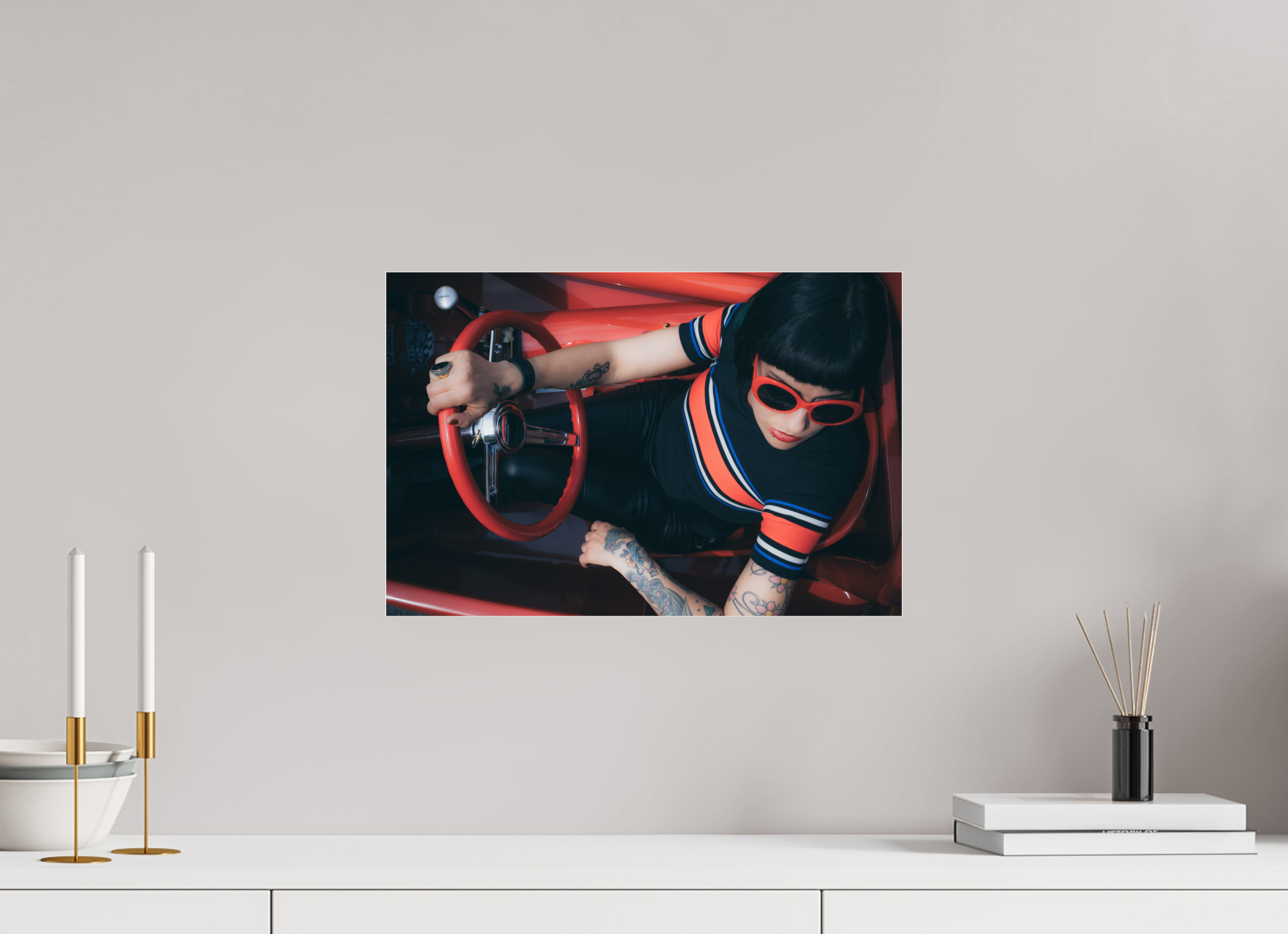 45 x 30 cm, Photo Print Under Acrylic Glass Hot Rod Roadster Girl