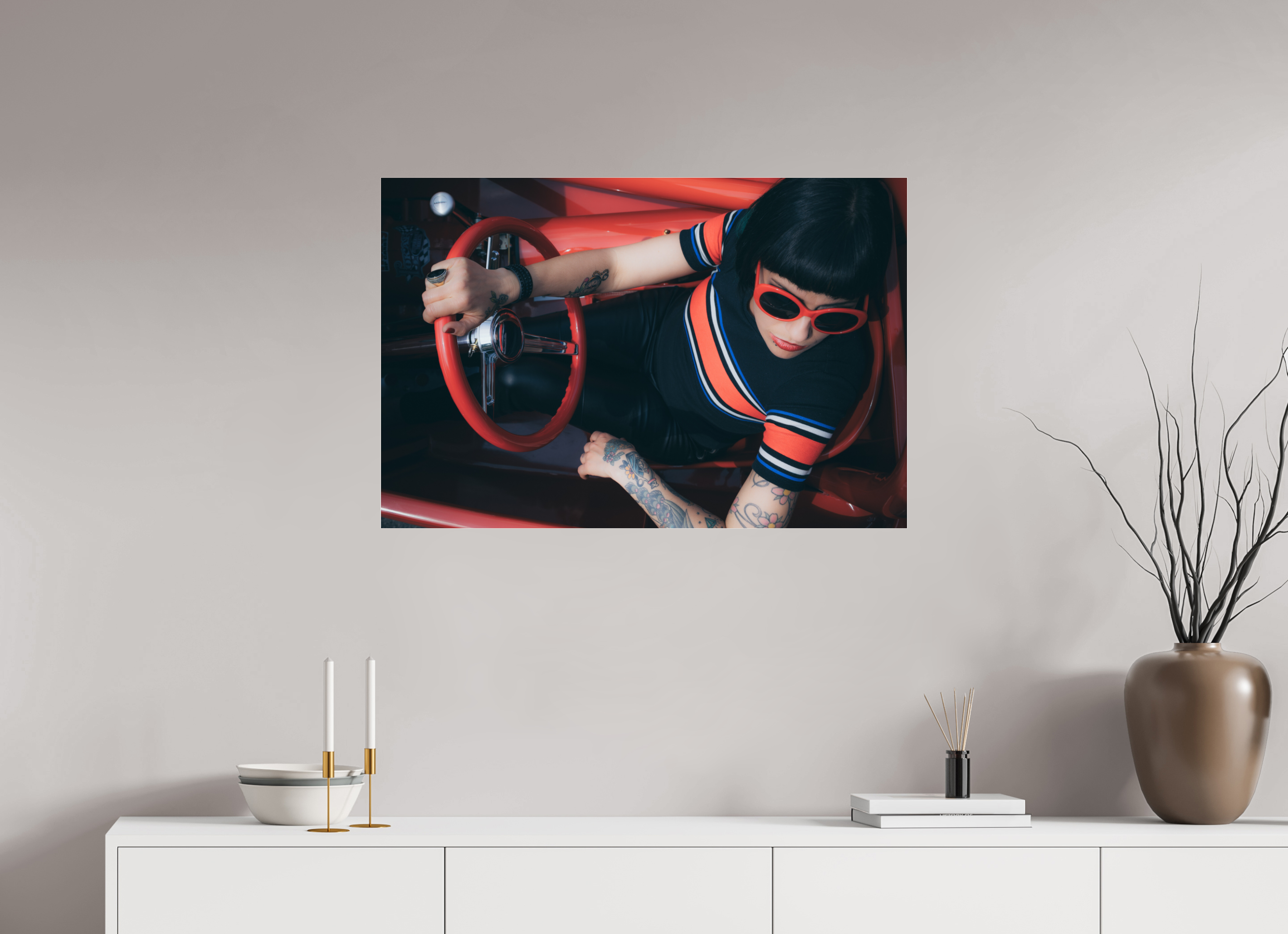 90 x 60 cm, Photo Print Under Acrylic Glass Hot Rod Roadster Girl